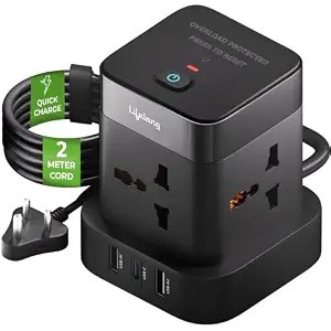 Lifelong Electronics Extension Board 7-in-1 with Switch | 4 AC Sockets + 3 USB Ports (2 Type A + 1 Type C) | Overload Protection | Desk Accessories & Multiplug Gadget | 2M Cord (Model: Cube)