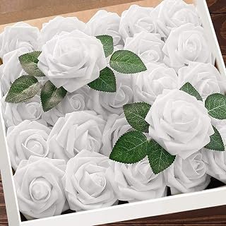 Higfra Artificial Flowers White Roses Real Looking Fake Roses with Stem Leaves for DIY Wedding Bouquets Centerpieces Arrangements Party Baby Shower Home Decorations
