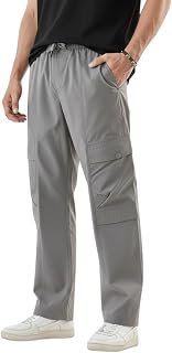 Men's Cotton Cargo Pants | Straight Fit Casual Trousers for Men with Pockets | Lightweight & Breathable Pants with Elastic Waistband & Drawstring | Comfortable Lower for Mens