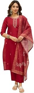 Women's Roman Silk Straight Kurta with Pant & Muslin Dupatta Set | Embroidered 3 Piece Ethnic Set for Women