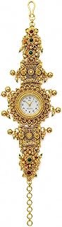 Gold Plated Antique Floral for Women | Traditional Kundan Style with Green & Red Artificial Stones | Ghunghru Charm Designer Bracelet Watch | Non-Adjustable Ethnic Fashion Jeweller