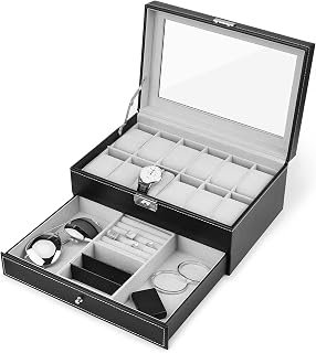 JS NOVA JUNS Fiberboard, Metal, Faux Leather, Glass Organizer with Jewelry Drawer, Black