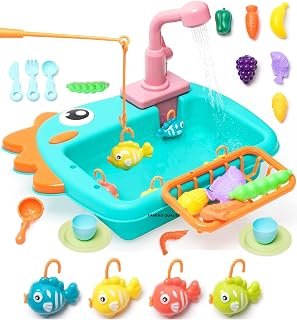 FAMOUS QUALITY Kitchen Sink Toy with Running Water | 2-in-1 Pretend Play Kitchen Set Accessories for Kids Age 3+ | Electric Water Circulation & Interactive Learning Toy (Random Col